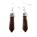 Brown hexagonal stone earrings with ornate silver caps on a clean white background - Tiger Eye Stone Bracelet