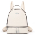 Close-up of cream woven backpack featuring dual silver zippers and logo details - White
