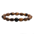Tiger eye stone beaded bracelet with brown oval stones and black round bead on white base - 8*12 Tiger Eye + 10mm Bright Stone