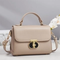 Elegant beige lychee leather crossbody bag with top handle and gold twist lock closure - Khaki