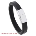 Minimalist black leather bracelet with 20.5cm white alloy magnetic clasp for men - Silver Alloy Buckle 20.5CM