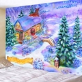Aquarel wandtapijt met winters sneeuwlandschap en huisje voor kamerdecoratie - 150x130cm / Aquarel Winterhut (Stijl 2)