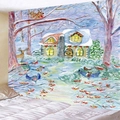 Wandkleed met wintersneeuwlandschap, blokhut en bosdieren voor een gezellige wanddecoratie - 150x130cm / Paars Sneeuwlandschap (Stijl 1)