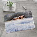 Winter snow scene house and fireworks print flannel rectangle non-slip floor mat - Snowy Cabin Fireworks Style