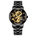 Montre homme en acier noir avec relief de dragon doré et affichage de la date - Cadran Noir Boîtier Noir Bracelet Noir