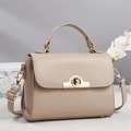 Elegant beige pebbled leather handbag with gold twist lock and adjustable shoulder strap - Khaki