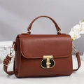 Brown litchi grain leather tote bag with a golden T-lock and adjustable shoulder strap - Khaki/Earth Yellow