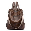 Stylish brown faux leather backpack with metallic rivets and multi-pocket design - Brown