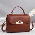 Elegant brown pebbled leather crossbody bag for women with gold hardware and top handle - Khaki/Earth Yellow