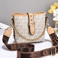 Borsa a secchiello monogram beige da donna con catena d'oro e tracolla stampata - Bianco Sporco/Fantasia