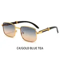 Retro square gold sunglasses with blue tea gradient lenses and wood grain temples - Gold Frame Blue Yellow Lens (C4)