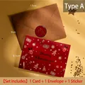Red Merry Christmas card with reindeer motifs, kraft envelope and gold seal sticker - Style A - Lucky Christmas / Card, Envelope And Sticker
