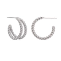 Pair of silver twisted rope C-shaped earrings with minimalist geometric design texture - White K Color (EH00398)