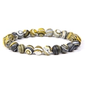 Men's 8mm elastic bracelet with unique yellow, black, and white striped stone beads - Yellow Peacock Ore