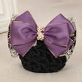Barrette résille avec nœud en satin violet, liseré doré et fleur de strass élégante - Feuille de saule dentelle bord doré violet