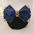 Barrette en satin bleu marine avec bordure dorée, fleur et filet à cheveux noir - Bronze dentelle bord doré bleu