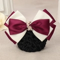 Filet à cheveux professionnel élégant avec nœud bordeaux et beige et strass - Feuille de saule beige + Rose rouge