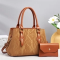 Detail of brown pleated leather tote bag with gold hardware and matching pouch bag - Khaki/Earth Yellow