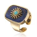 Adjustable golden open ring with rectangular lapis lazuli and turquoise sun pattern - RI046-3 Lapis Lazuli Sunburst