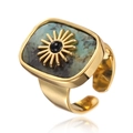 Adjustable gold open ring featuring a rectangular green tiger eye stone and sun flower charm - RI046-7 Green Brown Stone Sunburst
