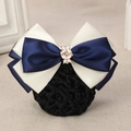 Barrette résille infirmière avec nœud double bleu et beige et boucle fleur en strass - Papillon beige + Bleu