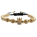 Adjustable woven bracelet with gold beads and sparkling micro-pave zircon crown charm - Gold
