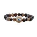8mm natural agate beaded bracelet with gold evil eye charm and sparkling crystals - Brown