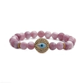 Macro detail of 8mm purple stone beads and a gold-plated evil eye charm on the bracelet - Watermelon Pink