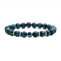 8mm blue tiger eye bead bracelet with silver spacers and central evil eye charm on white background - Blue Tiger Eye Evil Eye A