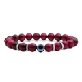 8mm red tiger eye beaded bracelet with blue evil eye charm and silver spacers on white background - Rose Red Tiger Eye Evil Eye