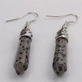 Detail of stone drop earrings featuring hexagonal speckled jasper pendants and silver hooks - Leopard Print