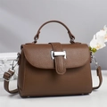 Elegant dark brown lychee leather handbag with silver buckle and detachable shoulder strap - Brown