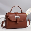 Deep brown lychee texture leather handbag with silver buckle and detachable shoulder strap - Earthy Yellow