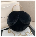 Cute black plush round handbag with rabbit ear design and gold metal handle and chain - Black