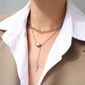 Collana a doppio strato in acciaio al titanio argento con catene spesse e ciondoli quadrati - Collana a doppio strato / Color Acciaio