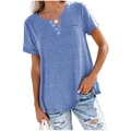 Detail of blue v-neck henley t-shirt with front pocket and heathered fabric texture - S / Tops / Blue