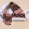 Pink leopard print knit hat, scarf and touchscreen gloves set with warm faux fur lining - Pink