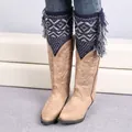 Bohemian navy blue knit leg warmers with geometric patterns and long side tassels - Navy Blue/Light Gray