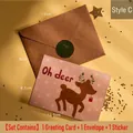 Mini pink Christmas card set with cartoon reindeer, kraft envelope and green sticker - Style C - Happy Christmas / Card, Envelope And Sticker