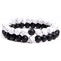 Set of two 8mm white turquoise and matte black onyx beaded stretch bracelets for couples - Two-Piece Set / Howlite & Matte Black