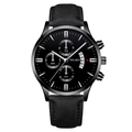 YOLAKO men's quartz watch with black leather strap, triple sub-dial and calendar display - Black Dial Silver Tone Black Band