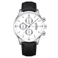 YOLAKO Men's quartz watch with silver metal case, white dial and black leather strap - White Dial Silver Case Black Strap