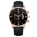 Men's chronograph watch with rose gold case, black dial, and leather strap on white background - Black Dial Rose Gold Case Black Strap
