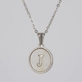 Minimalist round shell necklace with silver stainless steel letter J pendant - Steel J