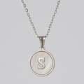 Silver stainless steel necklace with round white shell pendant featuring letter S - Steel S