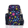 Mini crossbody phone bag in navy blue with colorful star patterns and dual zippers - Gypsophila Geometric