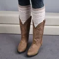 Brown western leather boots with cream knit jacquard leg warmers for women - Beige/White