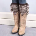 Bohemian knit leg warmers with fringes over khaki western boots in geometric patterns - Dark Coffee/Beige