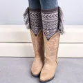 Bohemian knit leg warmers with fringes worn over denim jeans and western boots - Dark Gray/Light Gray