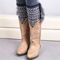 Bohemian knit leg warmers in navy blue and beige with ethnic patterns and tassels - Navy Blue/Light Gray